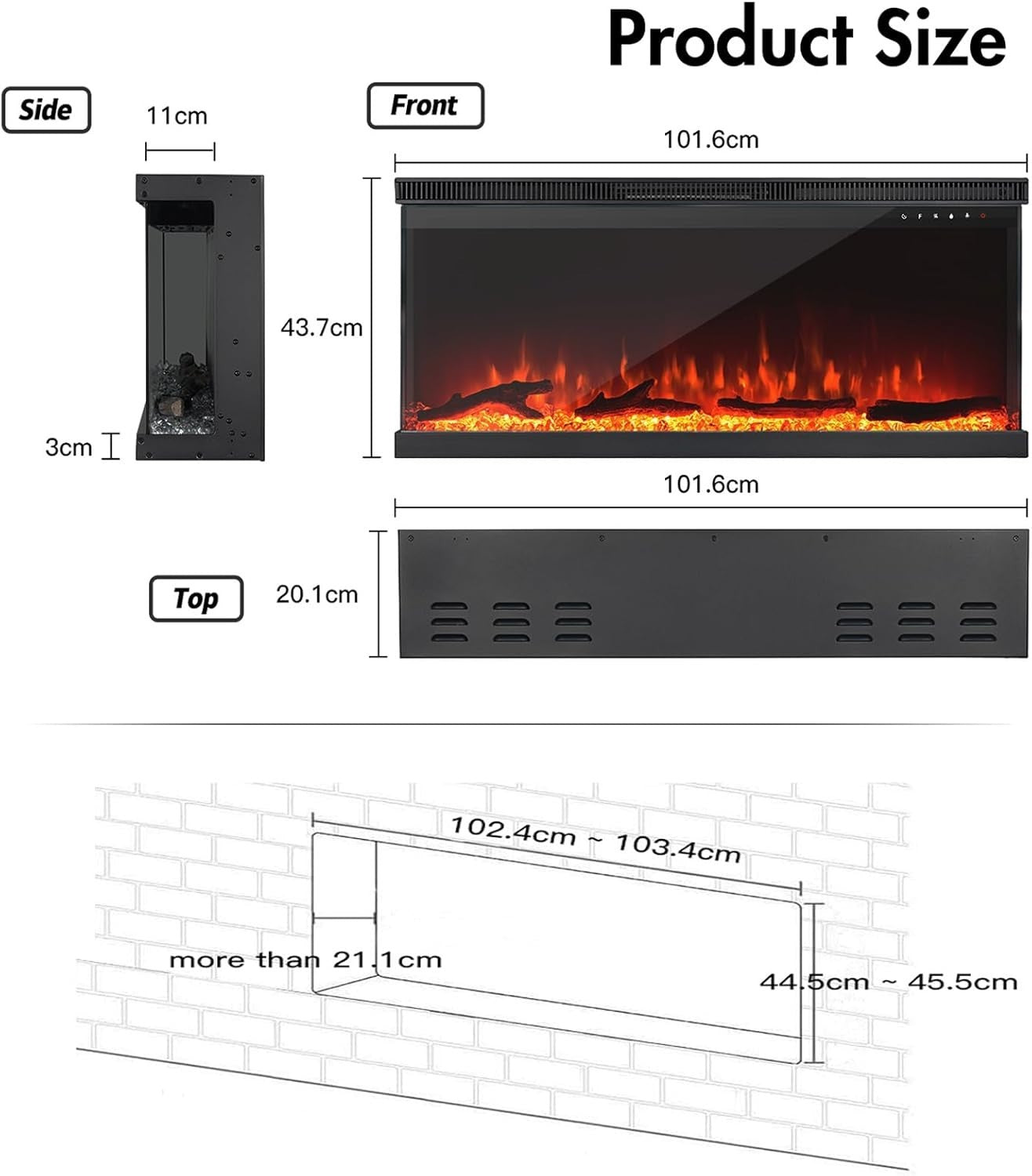 40" 3-Sided Electric Fireplace Wall Mount Freestanding 9-Color Flame Heater