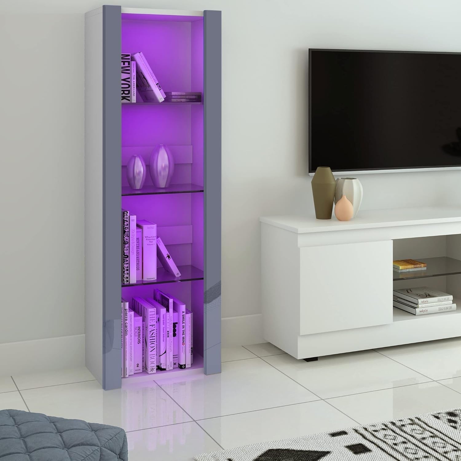 Tall Grey High-Gloss Display Cabinet with Glass Shelves & RGB LED Lighting Unit