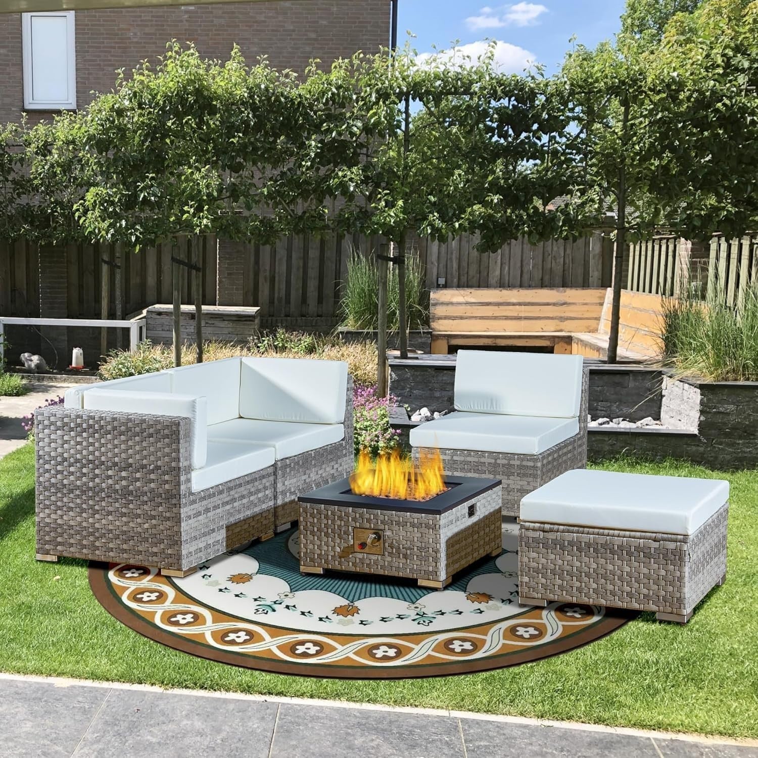 Outdoor Rattan Garden Sofa Set 4-Seater L-Shape Patio with Cushions & Table