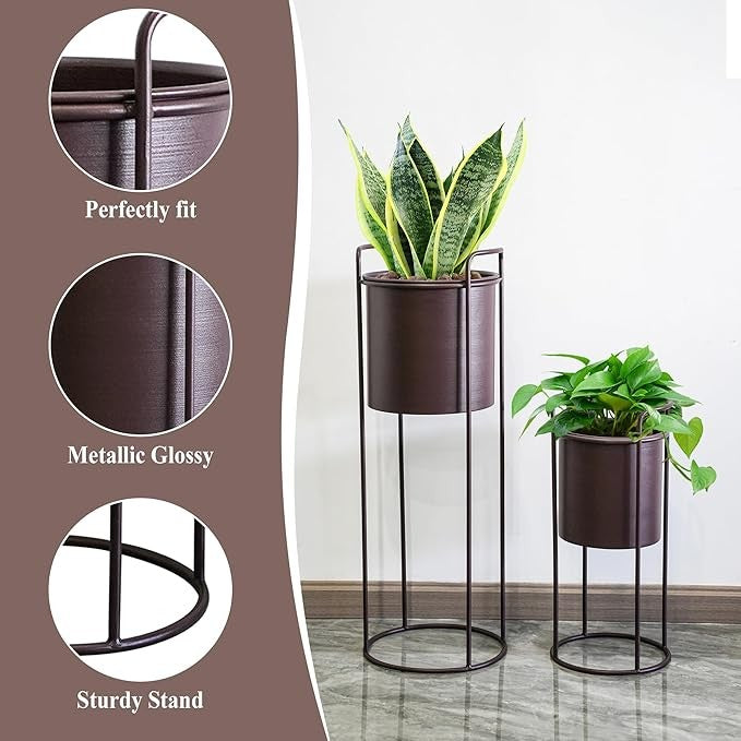 Set of 2 Tall Brown Metal Planters with Stands 70cm & 45cm Indoor Outdoor Pots