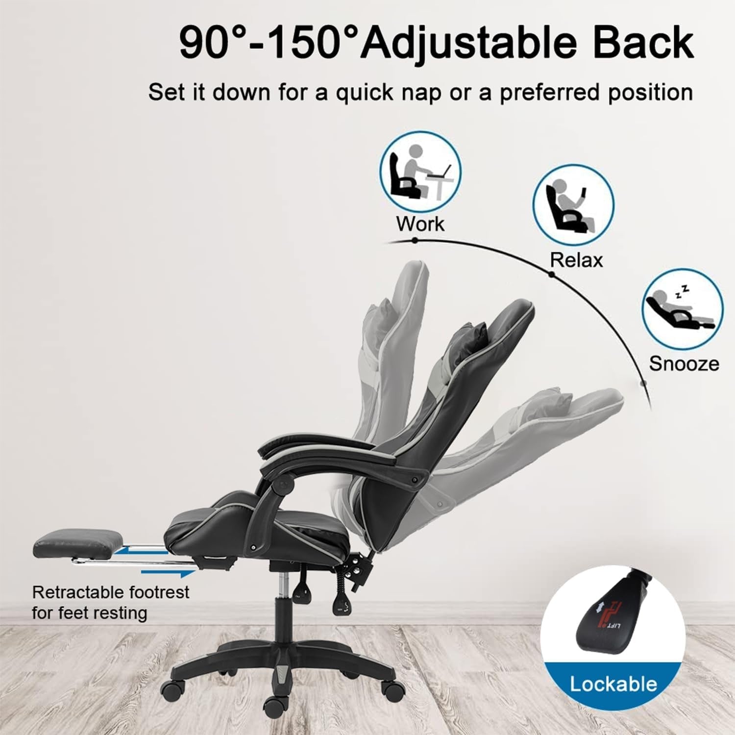 Reclining Gaming Chair w/ Footrest Swivel Gas Lift Grey