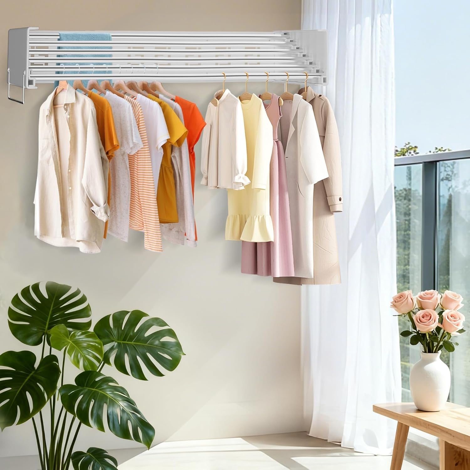 Wall Mounted Retractable Clothes Airer Folding Drying Rack Space Saving