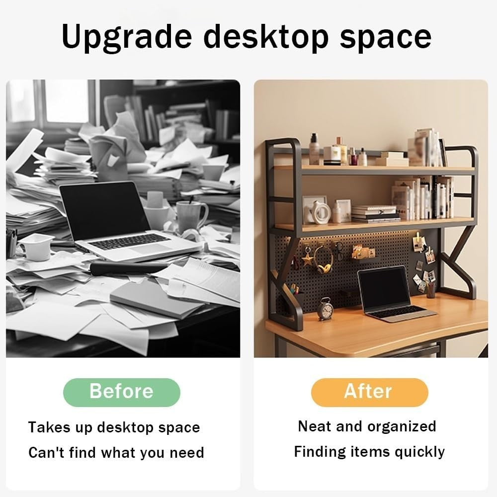 90cm Black Desktop Bookshelf Pegboard 2-Tier Desk Hutch Countertop Organizer