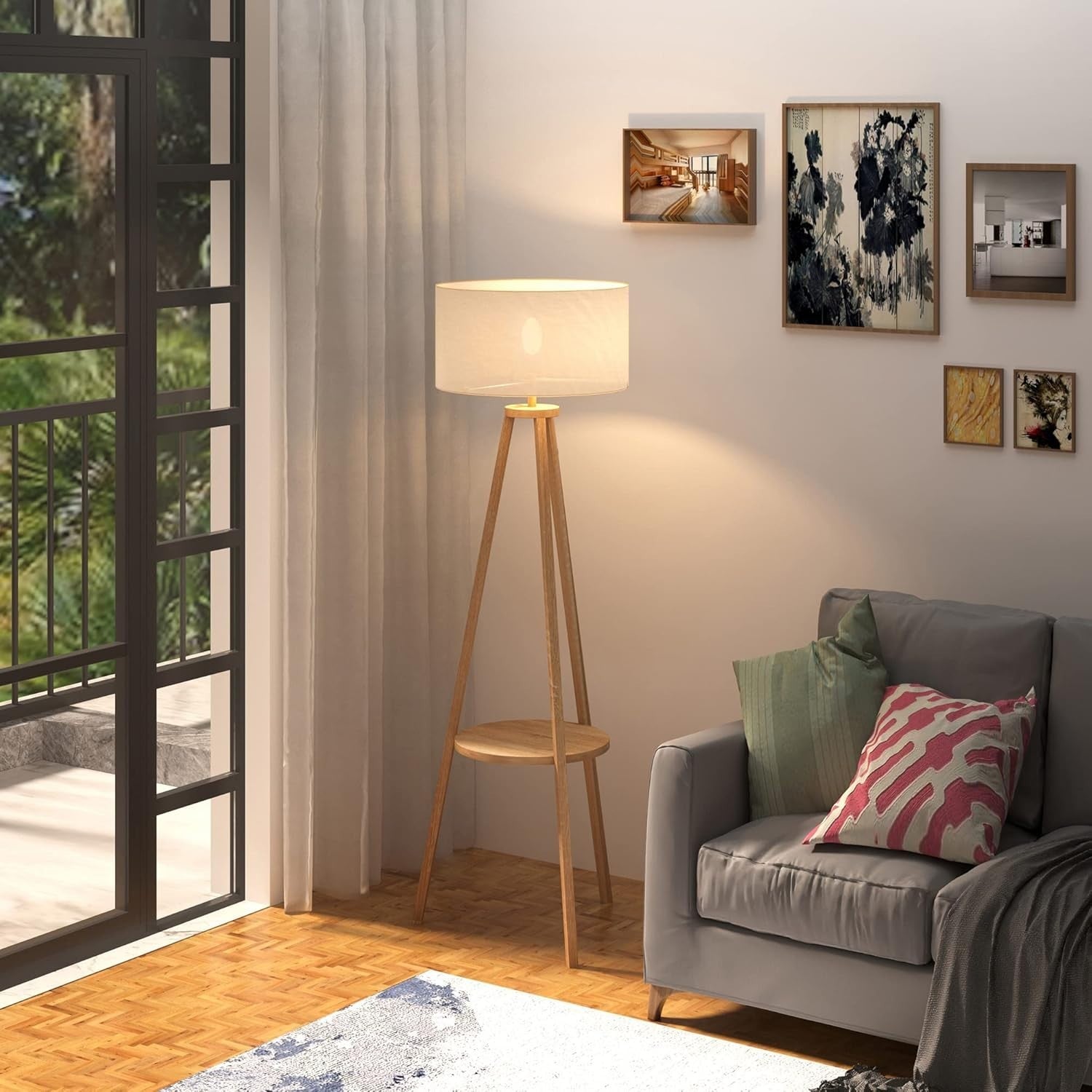 Tripod Floor Lamp with Linen Shade & Storage Shelf – Warm Reading Light