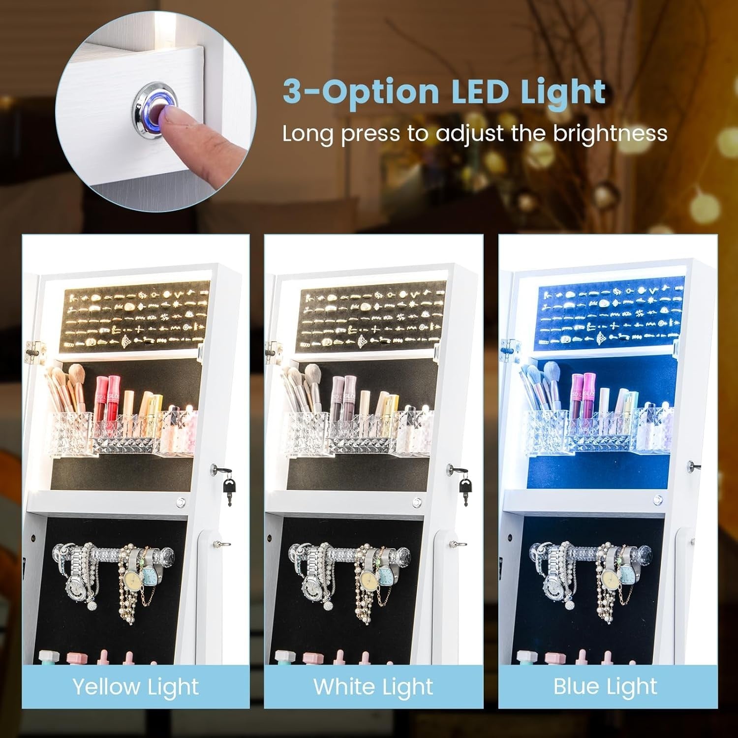 White LED Jewelry Cabinet Mirror Lockable 3-Color Light Storage Stand
