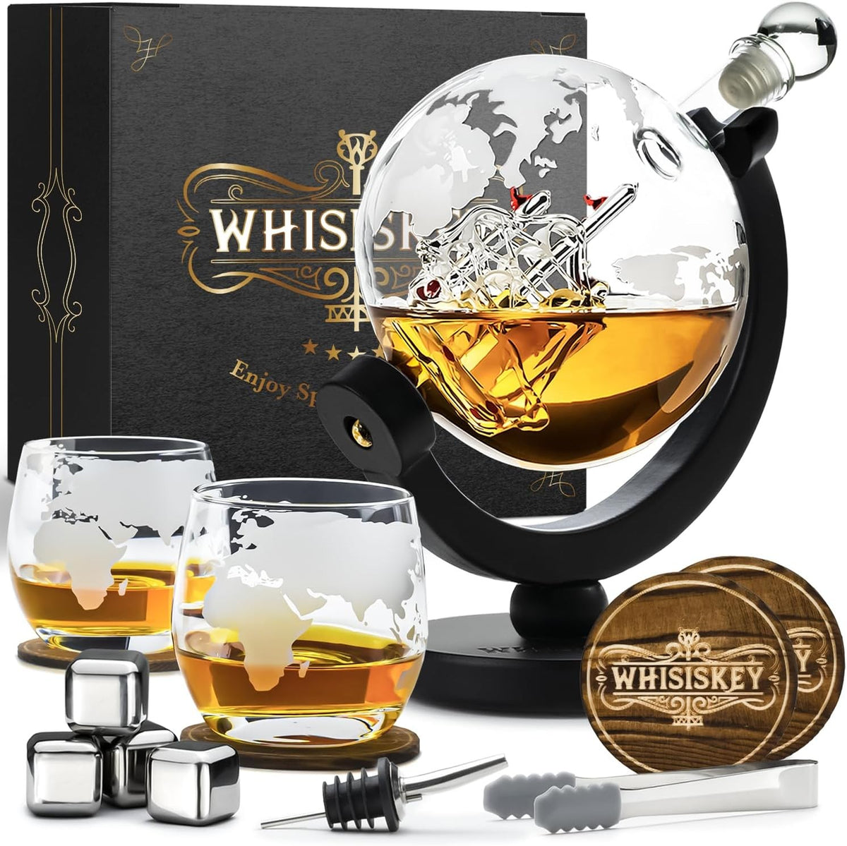 900ml Globe Whiskey Decanter Set with Glasses Stones Tongs Luxury Gift Men