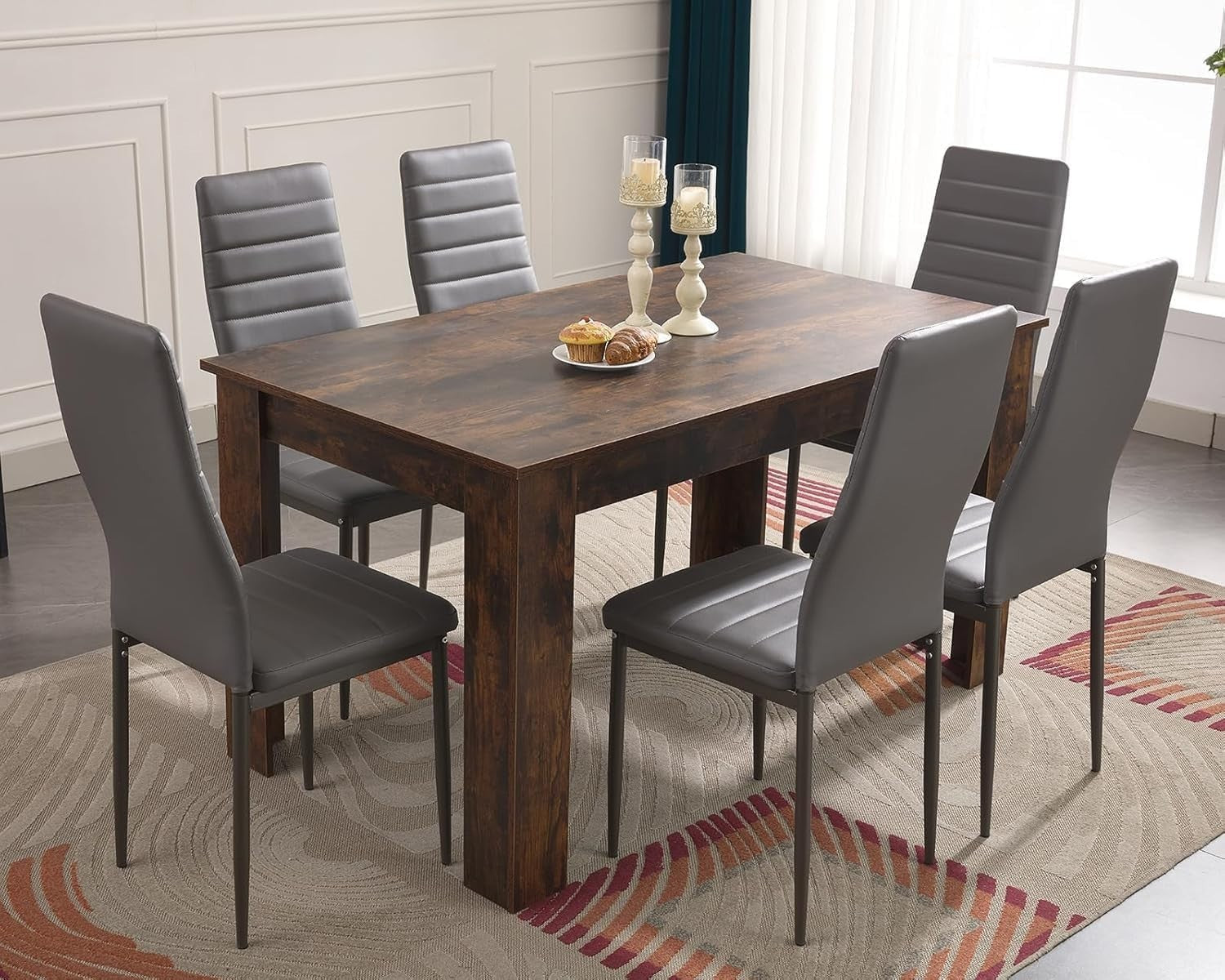 Modern 6-Piece PU Leather Dining Table Set Grey Chairs 140x80x75cm