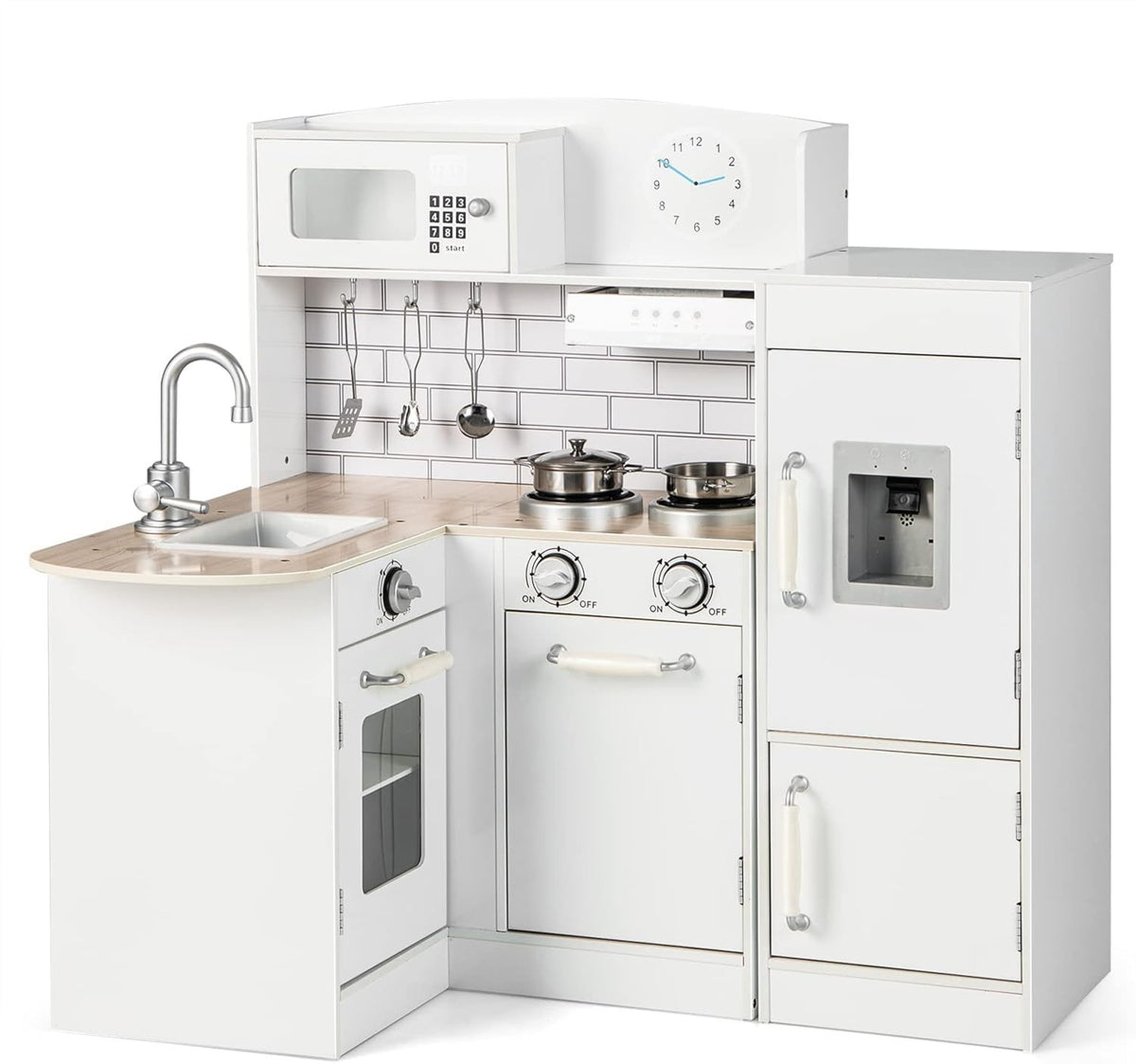 Corner Kids Play Kitchen w/ Fridge Microwave Sink Water Dispenser