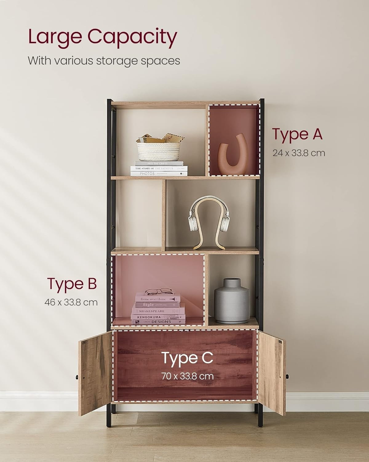 Industrial 4 Tier Bookcase with Doors Steel Frame Storage Shelf 154cm Oak