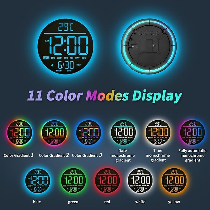 LED Digital Wall Clock 25cm Remote Control RGB Night Light Temp Date Alarm