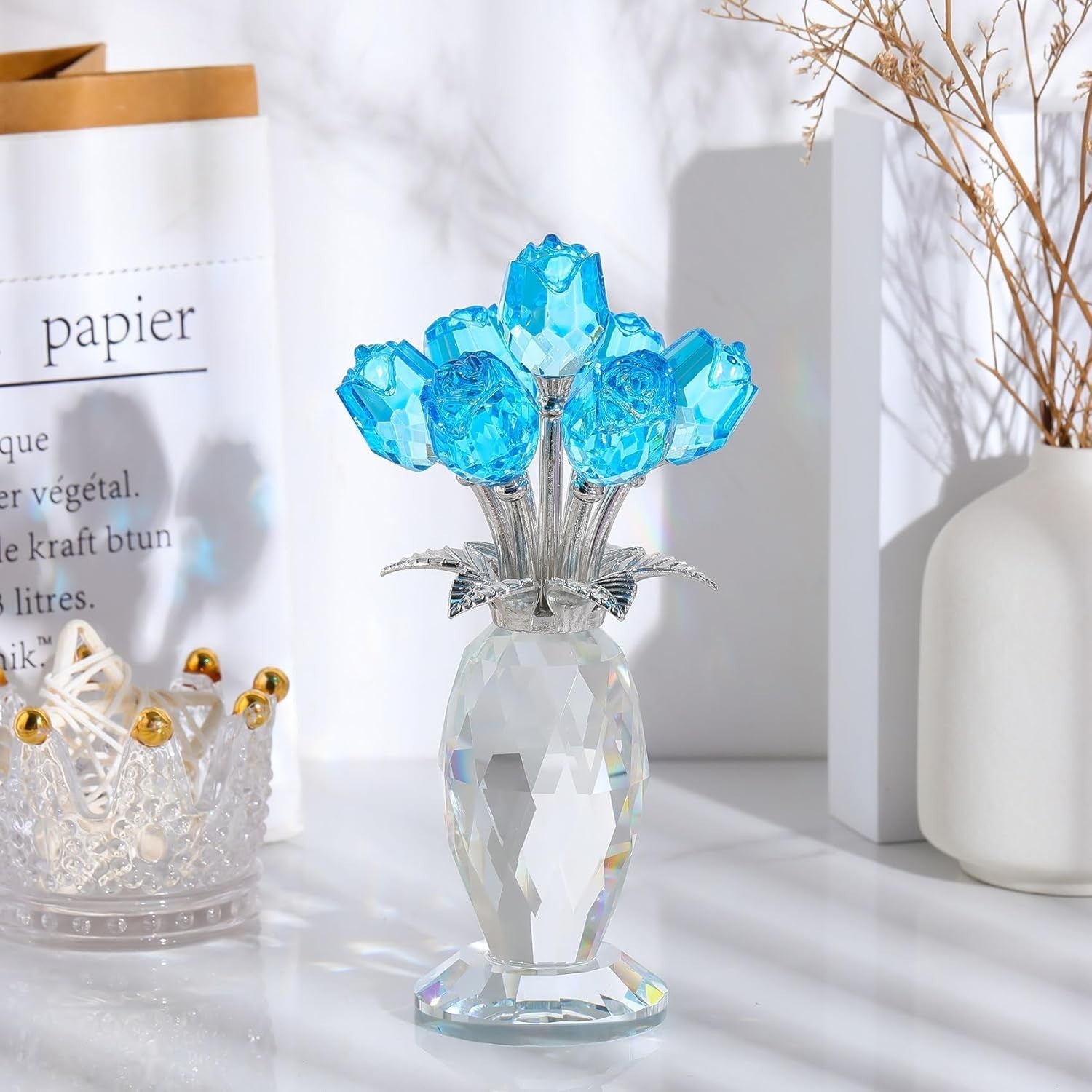 Light Blue Crystal Rose Bouquet Ornament Glass Flower Figurine Gift Decor