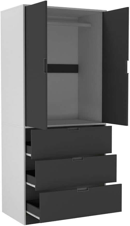 Tall Black Wardrobe with Rail & 3 Drawers | Modern 2 Door Bedroom Storage