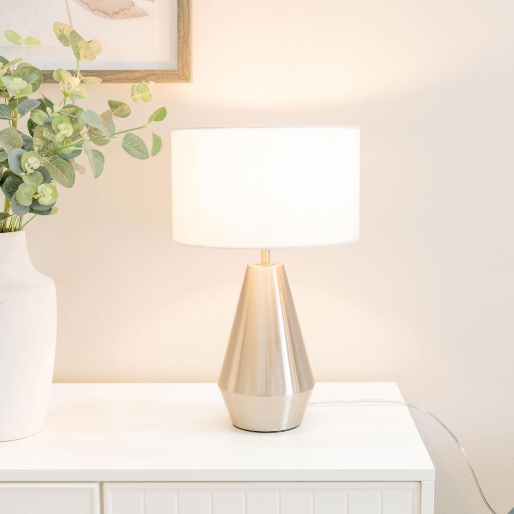 Silver Touch Dimmer Table Lamp White Drum Shade Bedside LED Light