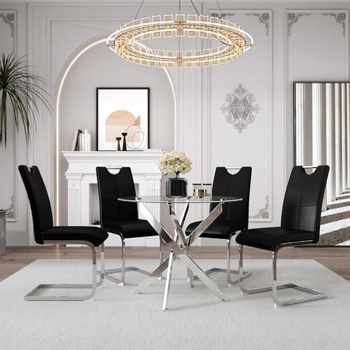 100cm Round Glass Dining Table with 4 Black Faux Leather Chairs Set