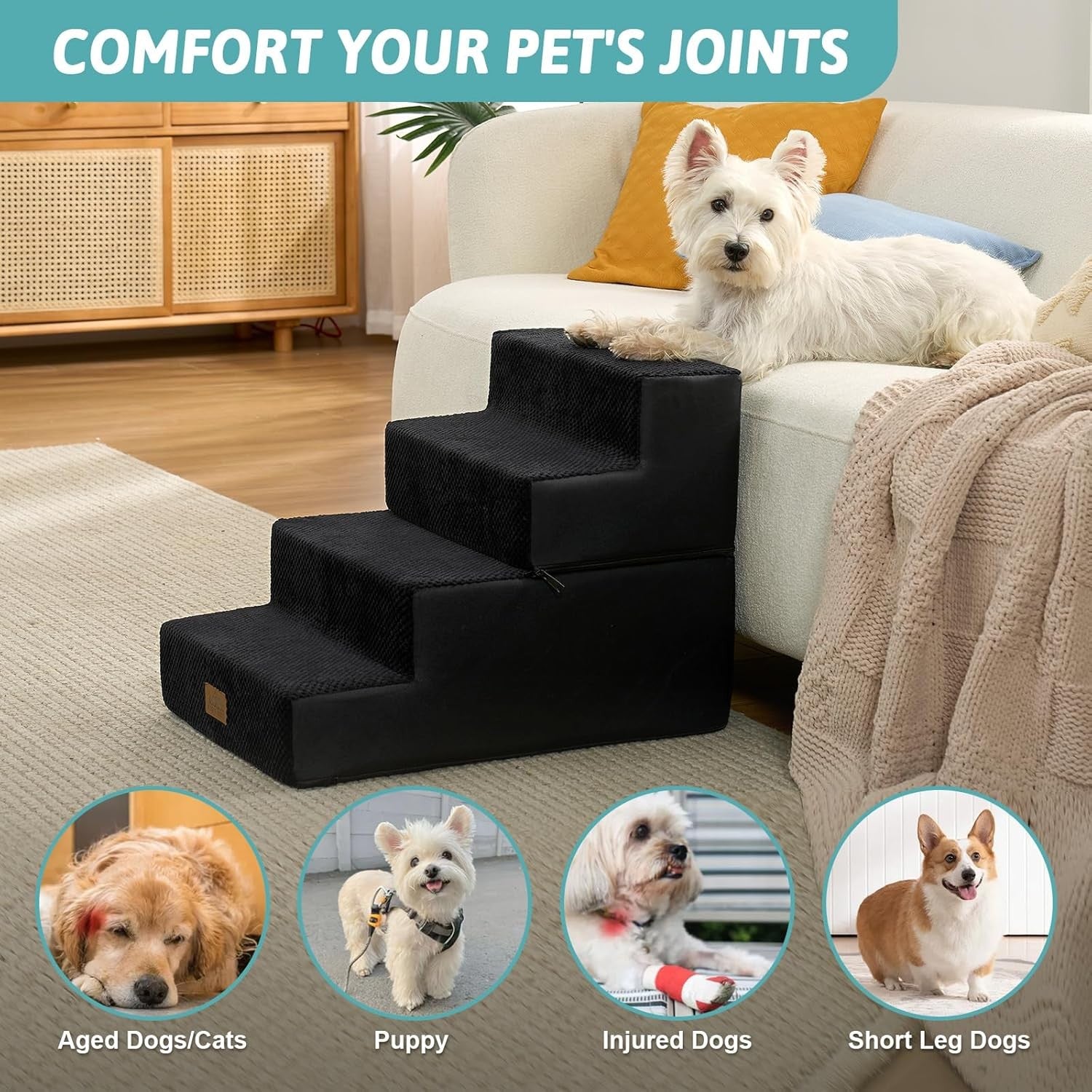 4 Tier Dog Stairs for Small Dogs 45cm High Pet Steps Black