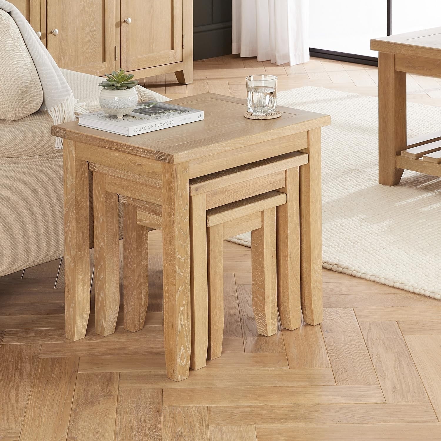 Whitewash Oak Nesting Tables Set of 3 Shaker Style Solid Wood Space Saving
