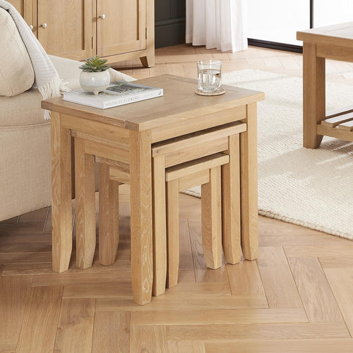 Whitewash Oak Nesting Tables Set of 3 Shaker Style Solid Wood Space Saving