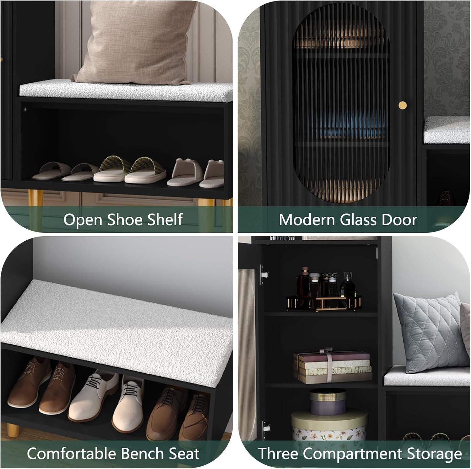 Black Shoe Storage Bench with Cushion & Glass Door Cabinet 100x29.5x91.5cm