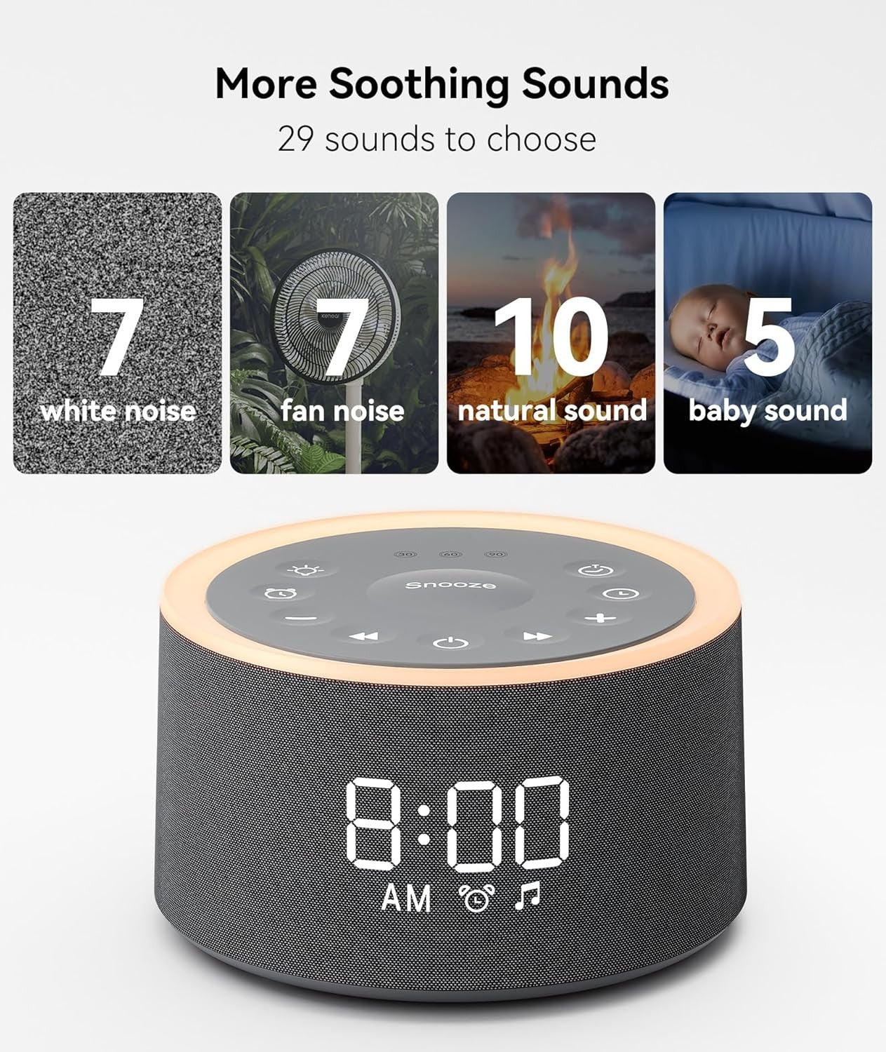 Black White Noise Machine Alarm Clock Night Light 29 Sounds Dimmable