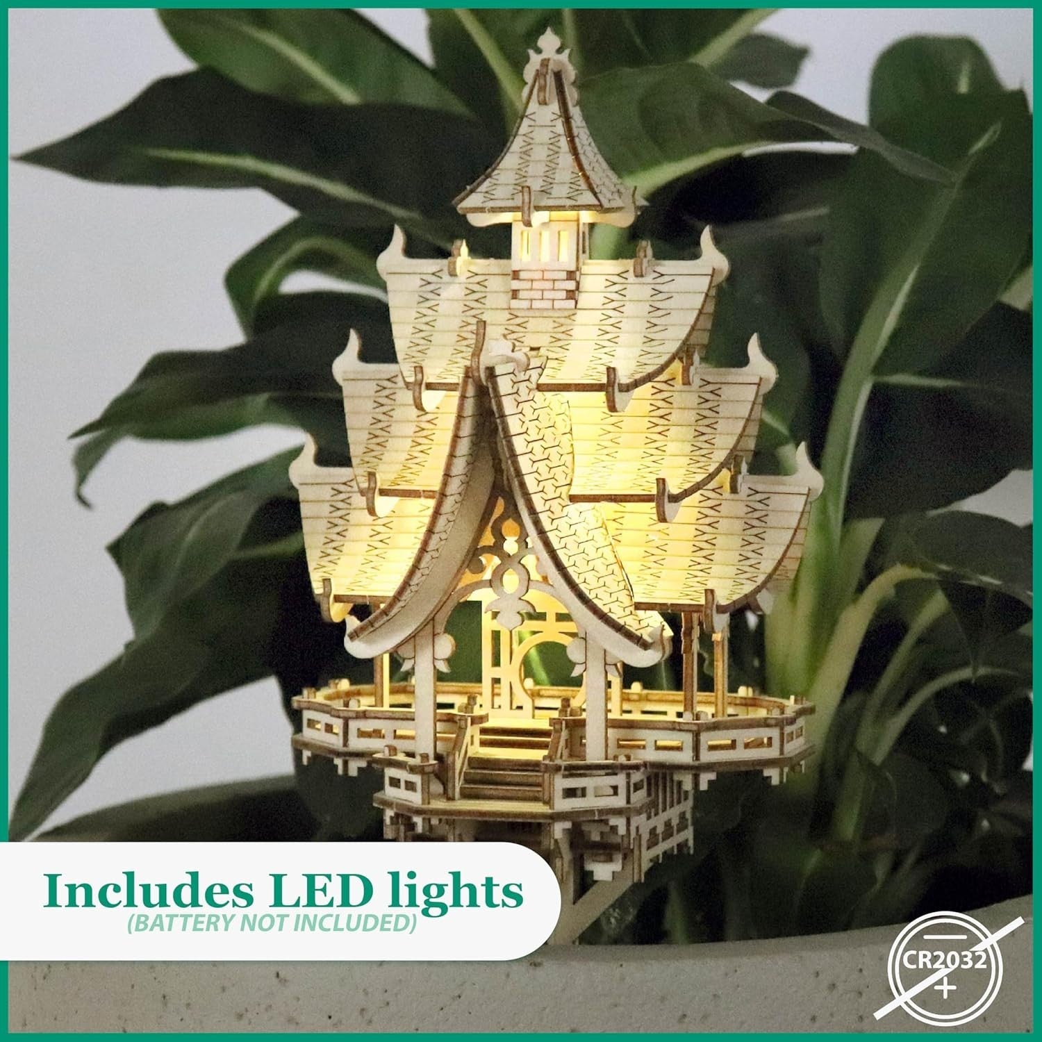 3D Wooden Temple Puzzle w/ LED Lights – 83pc DIY Plant Decor Kit Gift