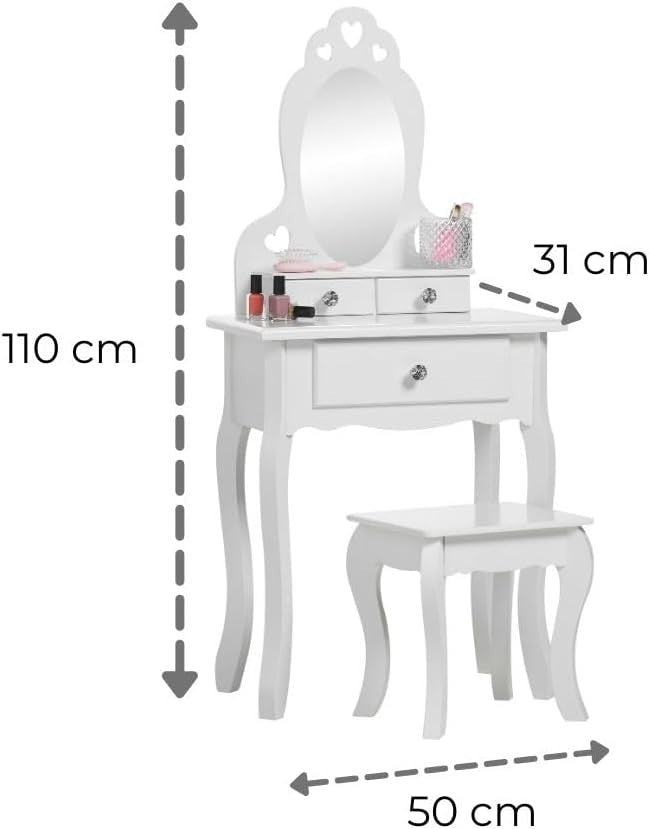Kids White Wooden Dressing Table with Mirror & Stool Girls Vanity Set 3-7yrs