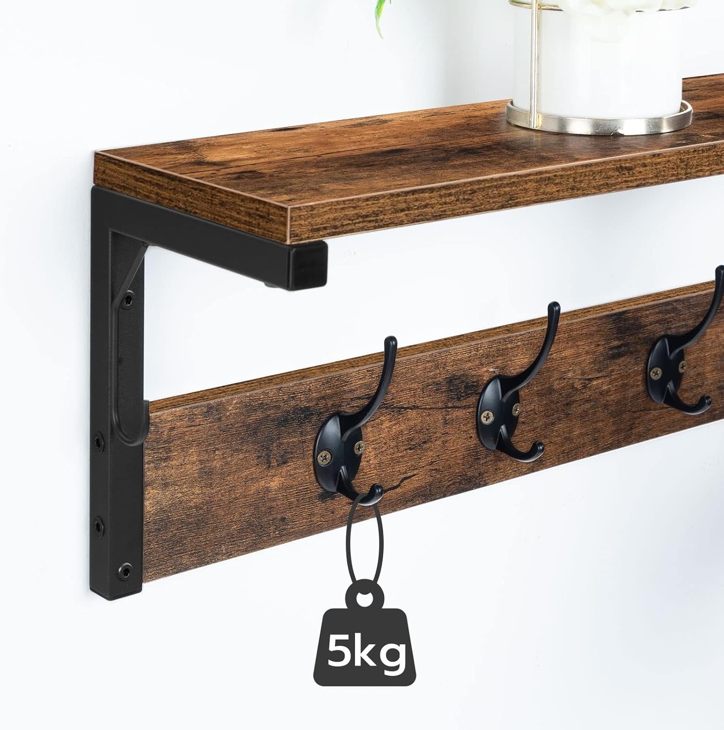 Rustic Wall Coat Rack with Shelf 7 Hooks 70cm Hallway Entryway Organizer