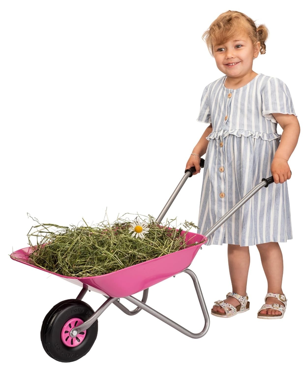 Kids Pink Metal Wheelbarrow – Plastic Handles, Tubular Tyre, Holds 25kg Load Cap