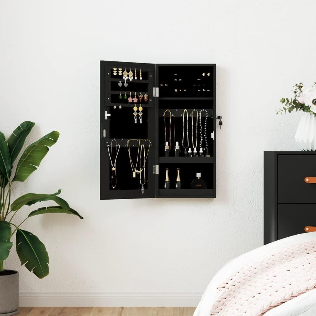Black Wall Mounted Mirror Jewelry Cabinet Lockable Slim Storage Organizer