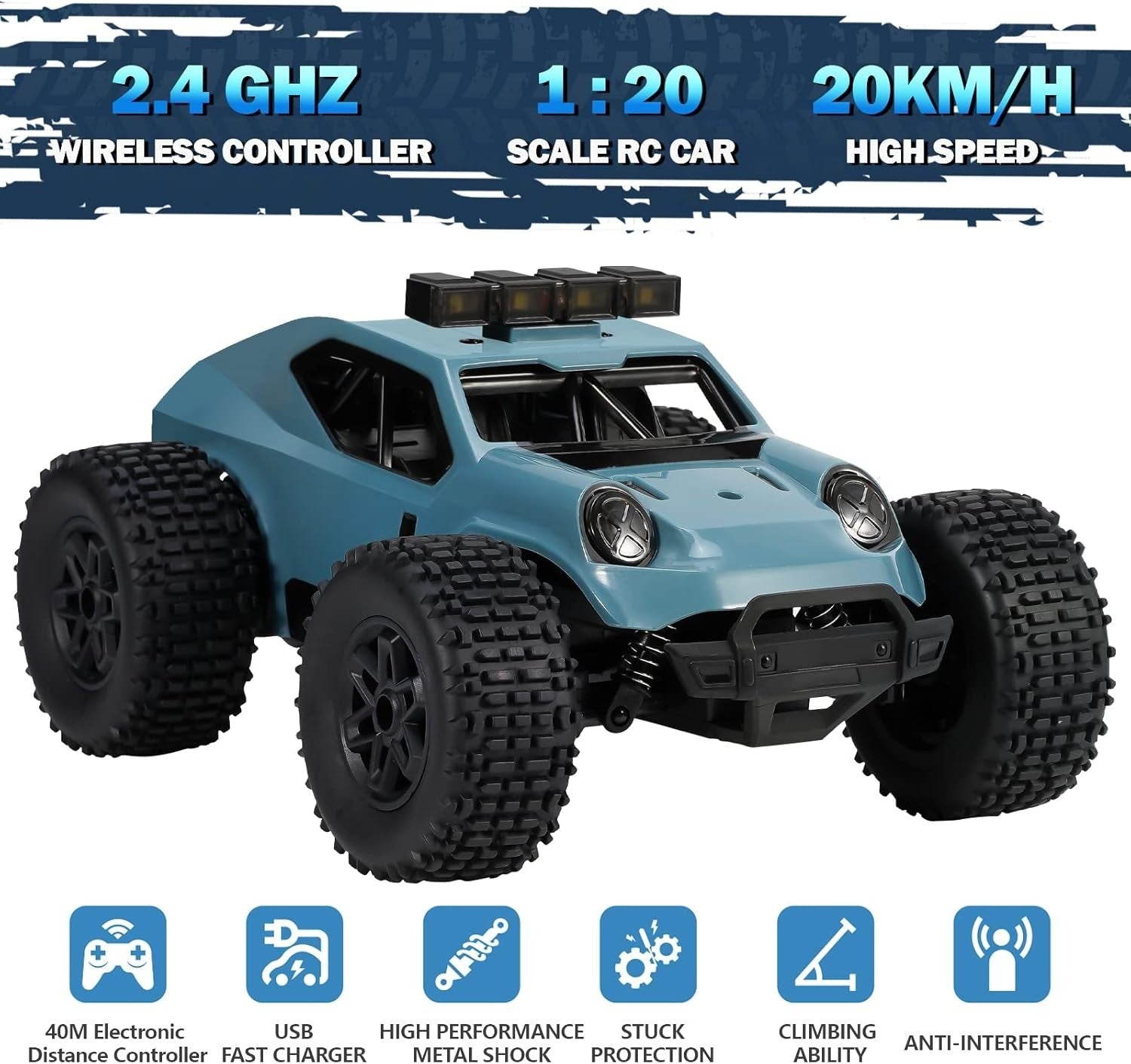 1:20 RC Off-Road Car 20KM/H 2.4GHz Monster Truck Toy 2 Batteries 50min