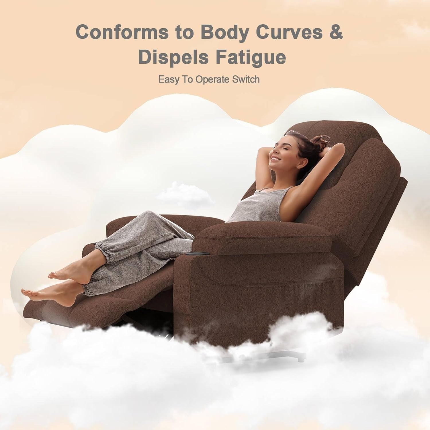 Power Lift Recliner Chair Massage Heat USB Type-C Cup Holders Fabric Brown