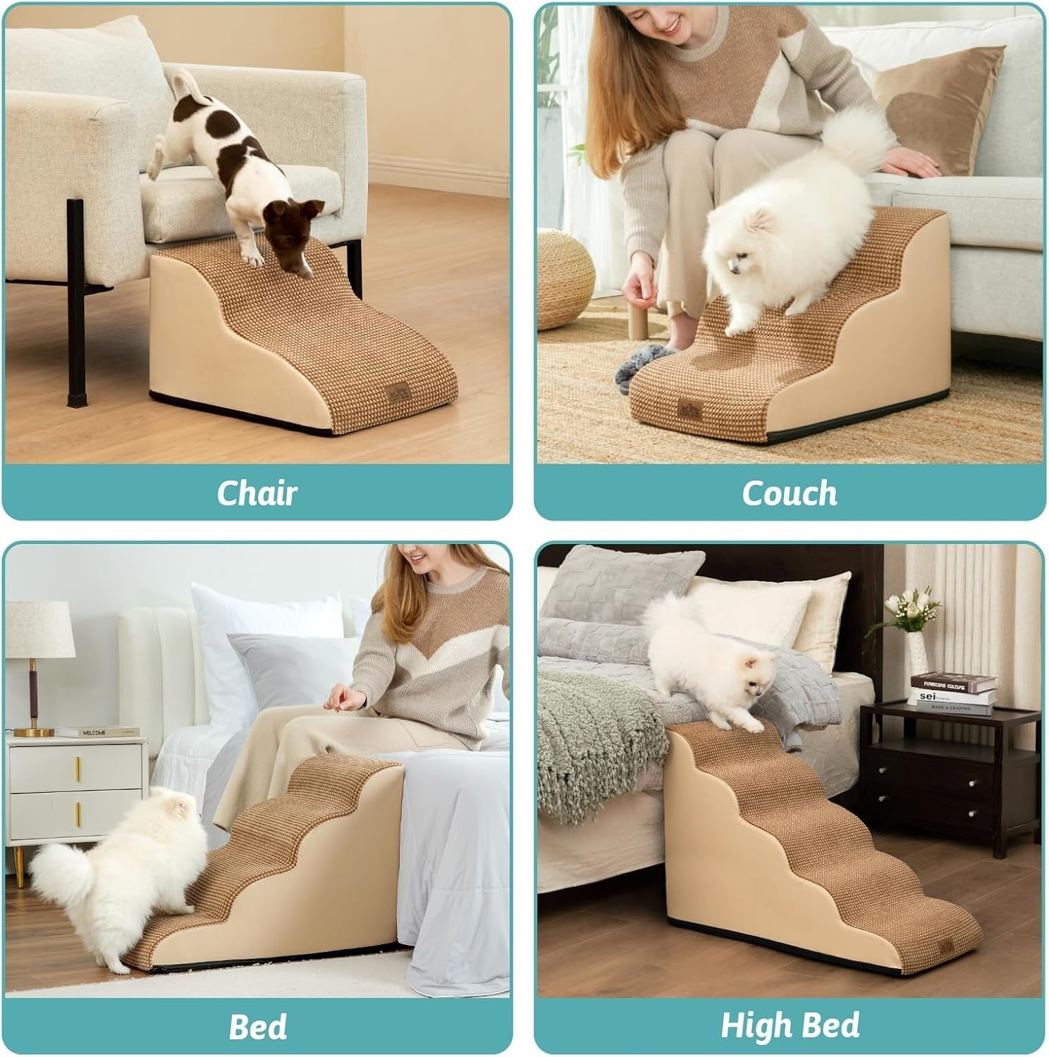 Dog Stairs 3 Step Foam Pet Ramp for Bed Sofa Leakproof Brown