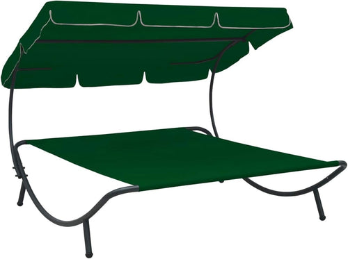 Outdoor Double Lounge Bed with Canopy & Stool Green Wicker Patio Set