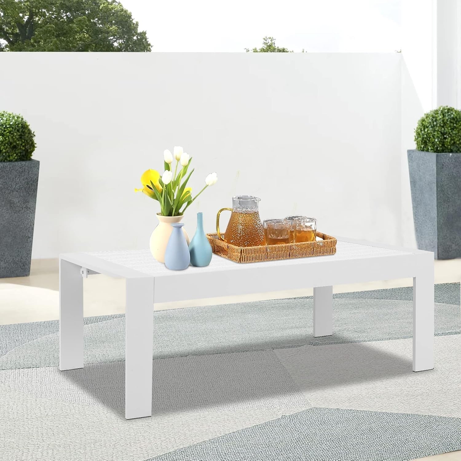White Aluminum Outdoor Coffee Table, Rectangle Patio Table 109x61cm