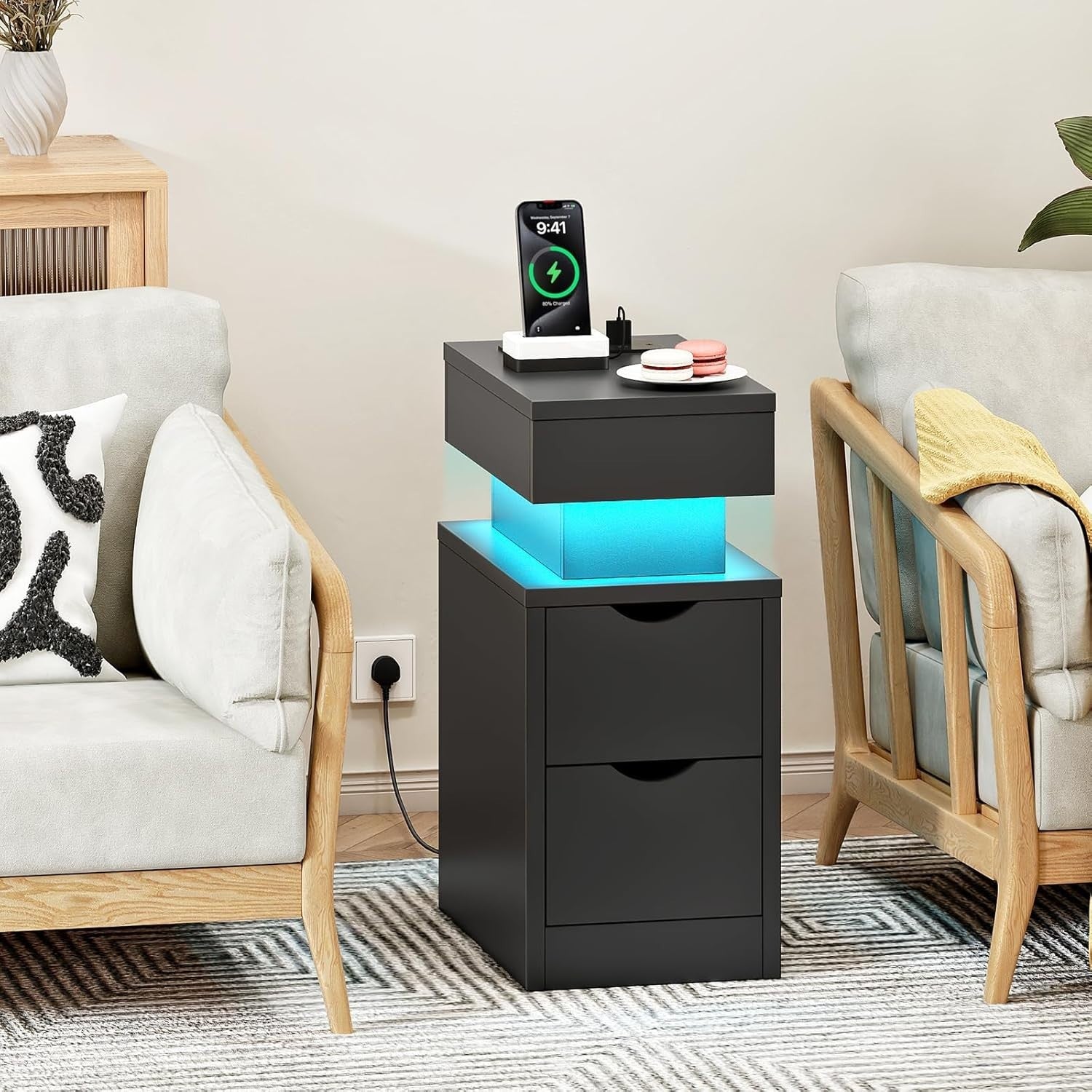 Modern Black LED Bedside Table with Charging Station & 2 Drawers