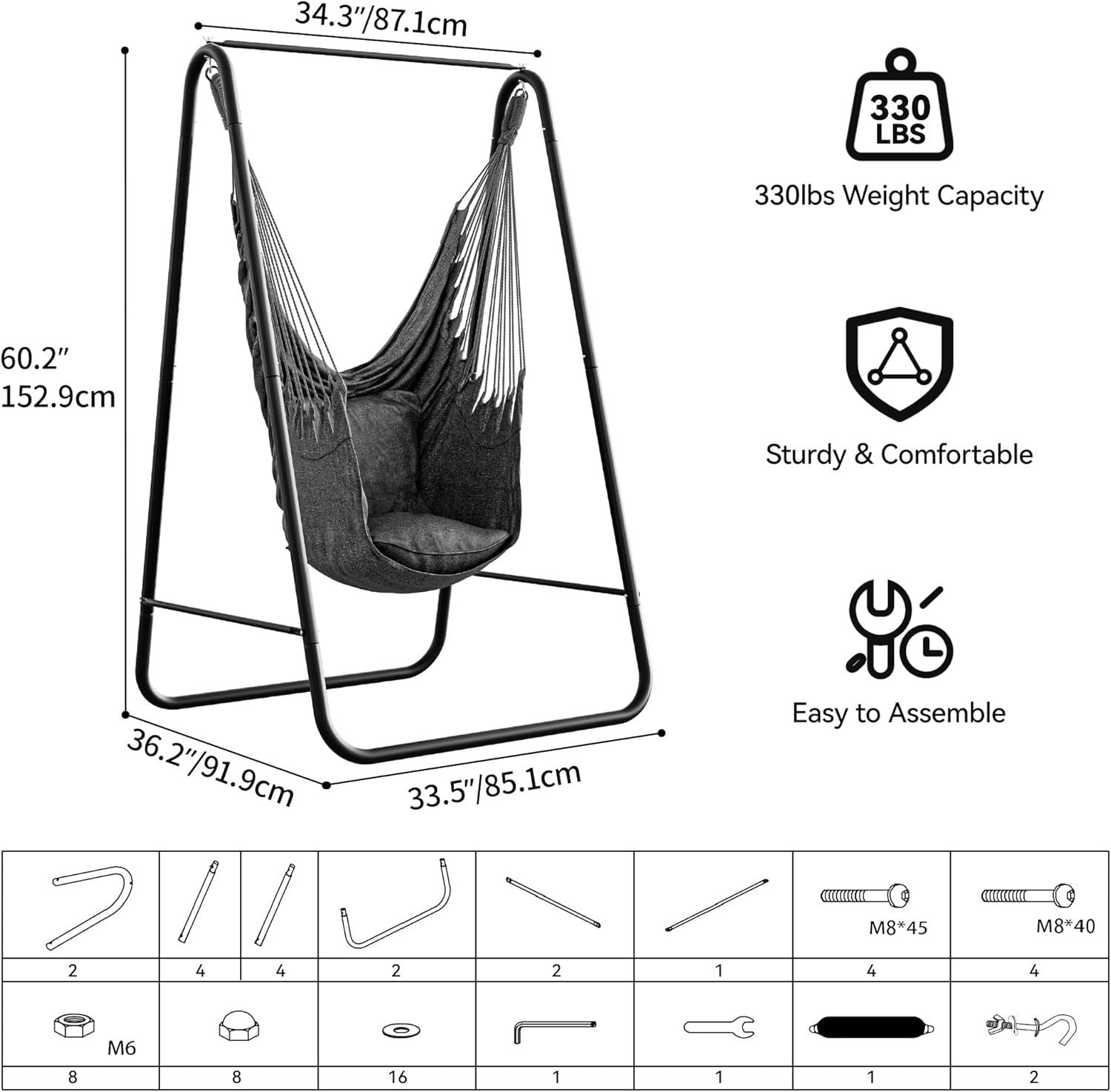 Hammock Swing Chair with Stand, Outdoor Patio Seat, Cushioned Comfort, 85x92x153