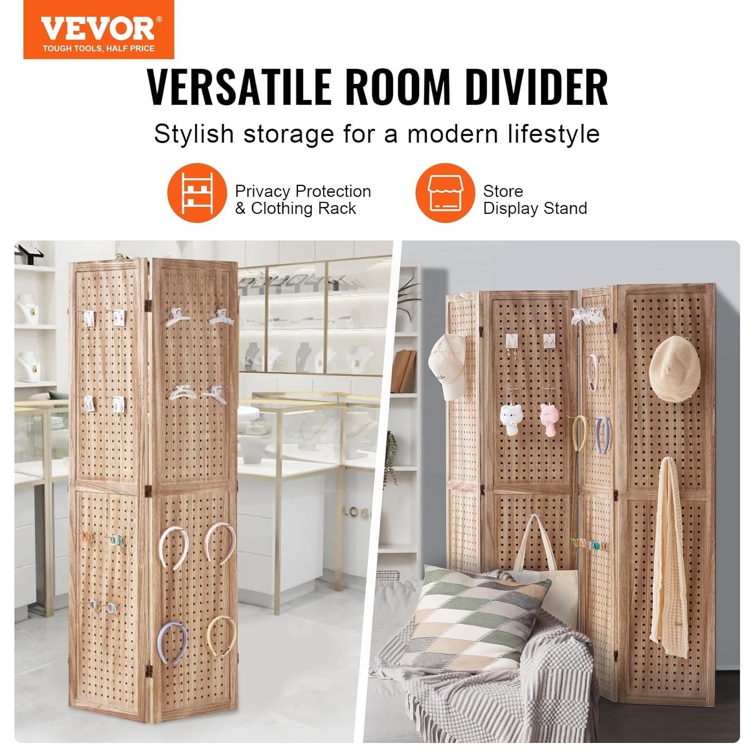4 Panel Wooden Folding Room Divider Carved Privacy Screen 162x170cm Natural