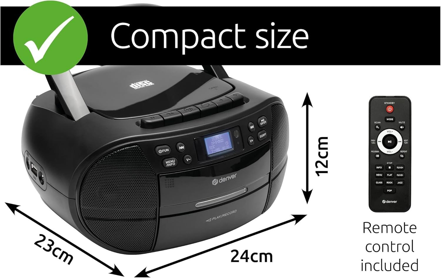 Portable DAB+ CD Cassette Player Boombox FM Radio USB AUX Alarm Black