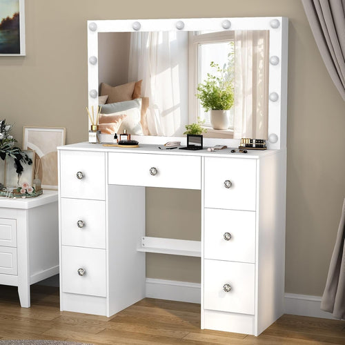 White Modern Vanity Desk Makeup Table Set w/ 10 LED Light Mirror & 3 Drawers (Ma