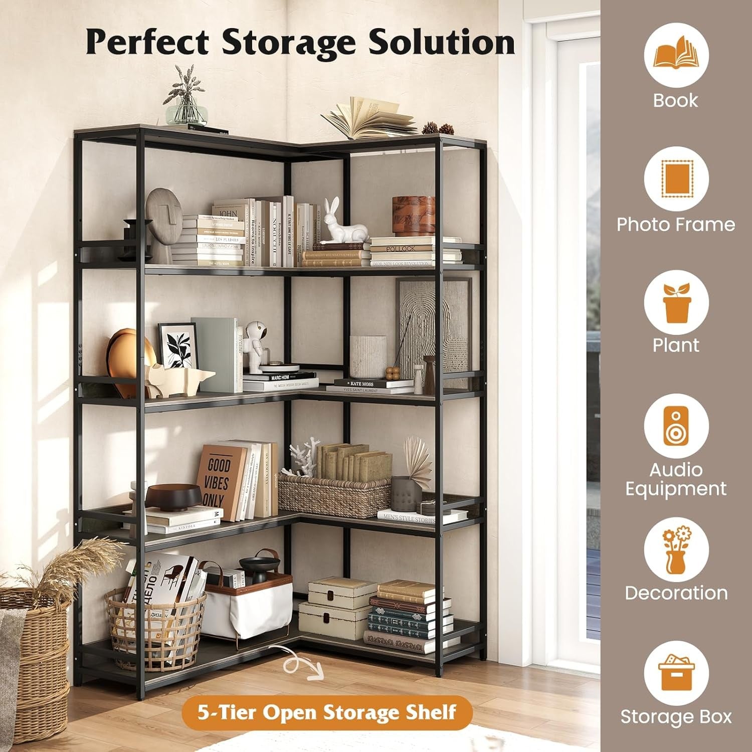 5-Tier L-Shaped Industrial Bookshelf Large Corner Storage Display Unit 180cm