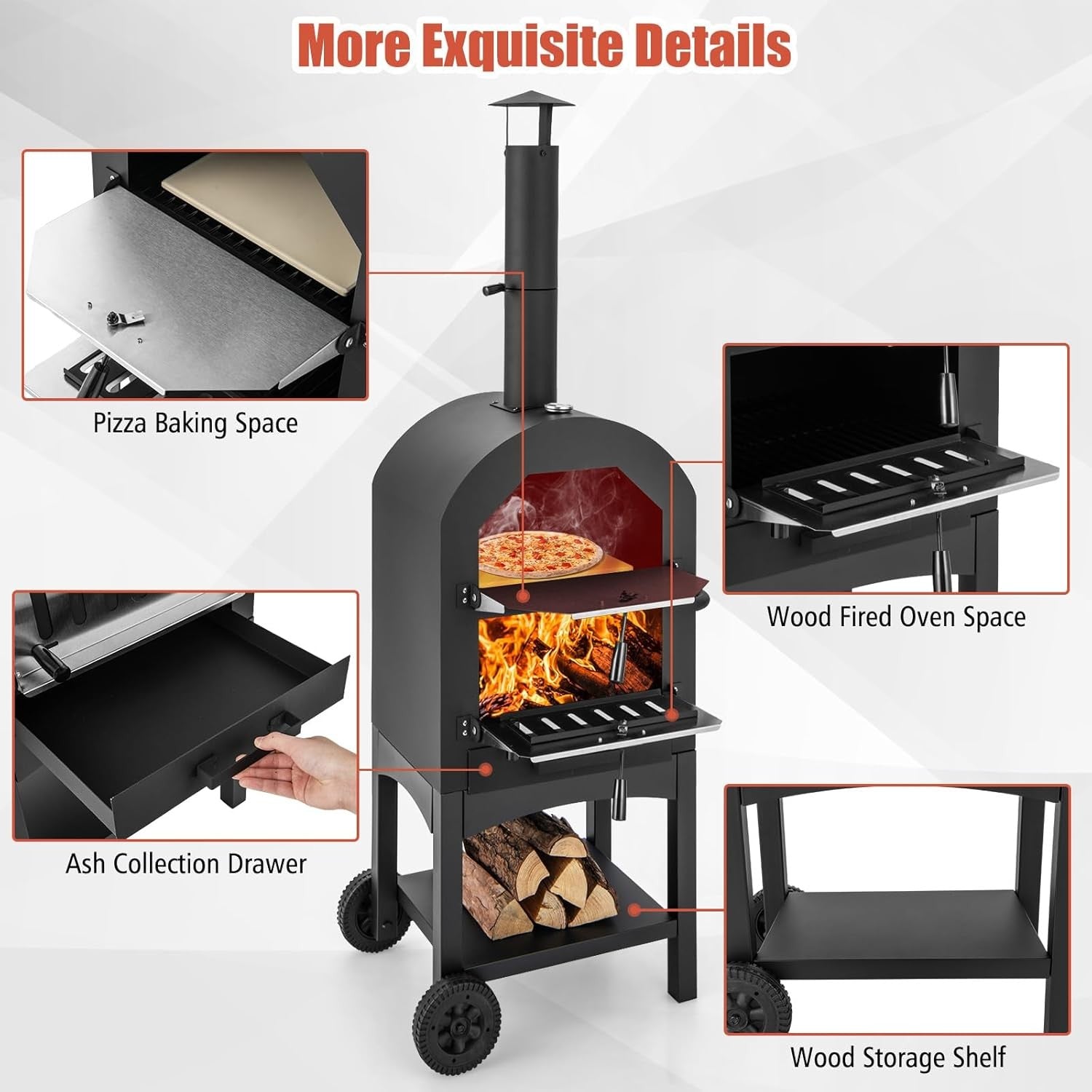 Outdoor Wood-Fired Pizza Oven | Patio BBQ Grill w/ Thermometer, Stone & Cover