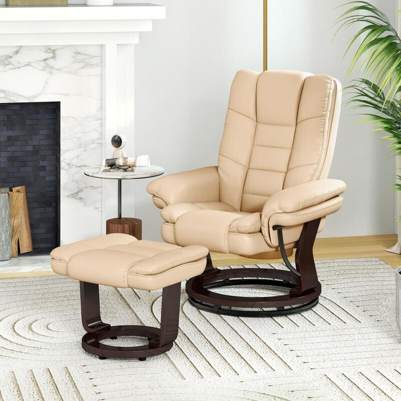 Recliner Chair & Footrest PU Leather Swivel Lounge Armchair w/ Wood Base