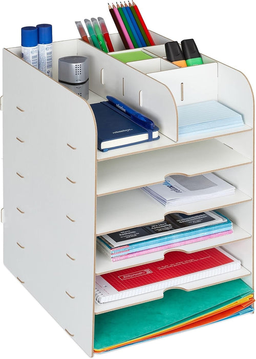 12-Compartment Desk Organiser with A4 Document Tray – White Office Storage