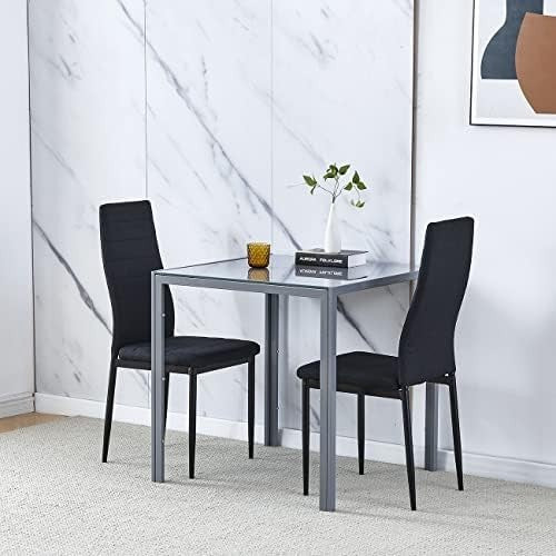 Square Glass Dining Table Set Grey Top Black Linen Chairs 2 Seater Compact