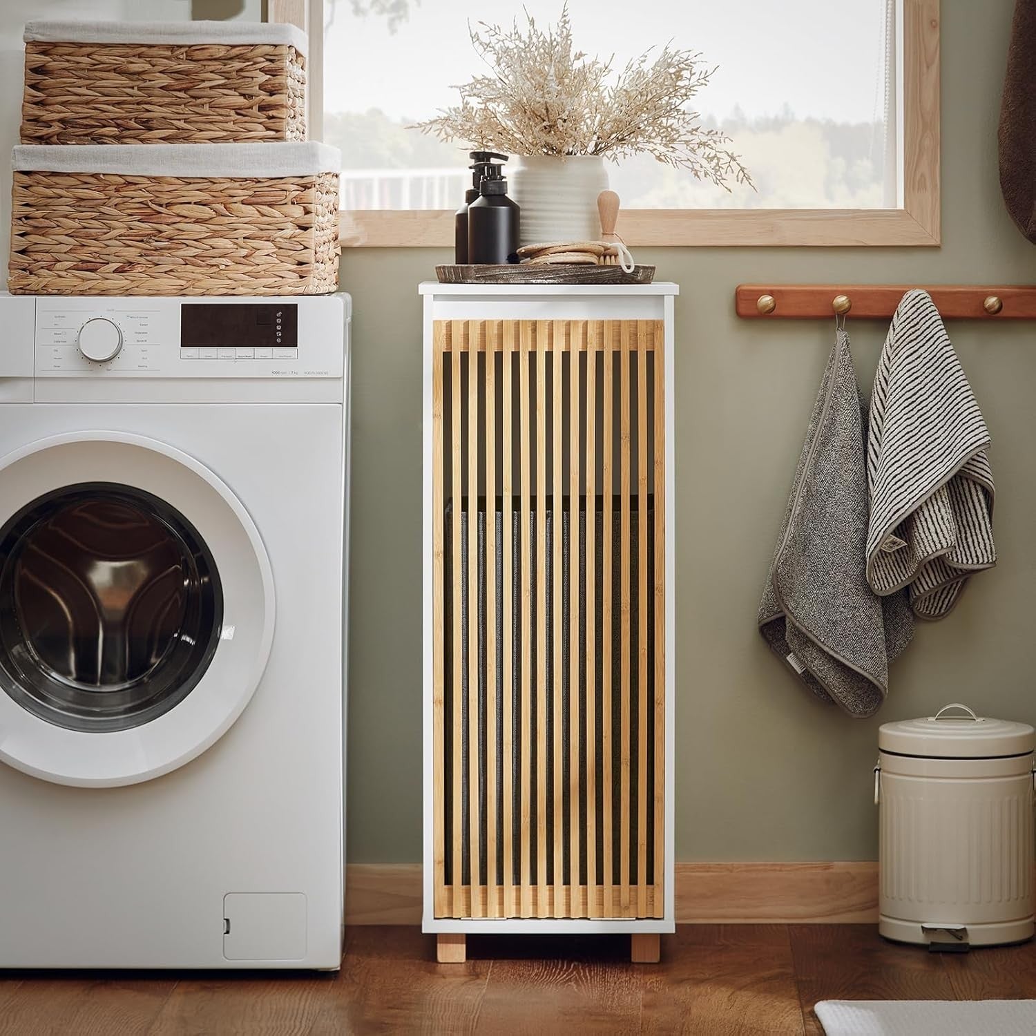 Slim Laundry Cabinet with Removable Basket Bathroom Storage Bamboo Door White