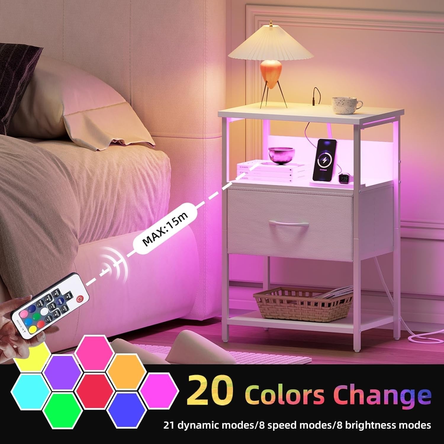 White Bedside Table with LED Light – USB Charging Ports
