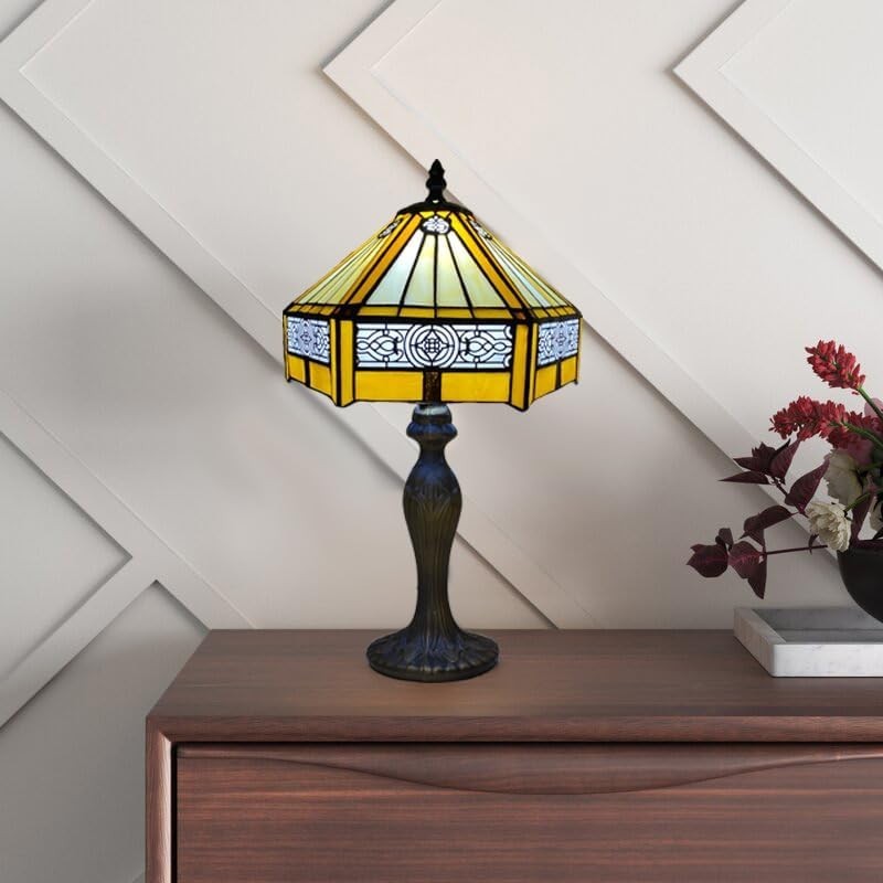 Antique Tiffany Table Lamp Stained Glass Hexagon Shade for Living Room