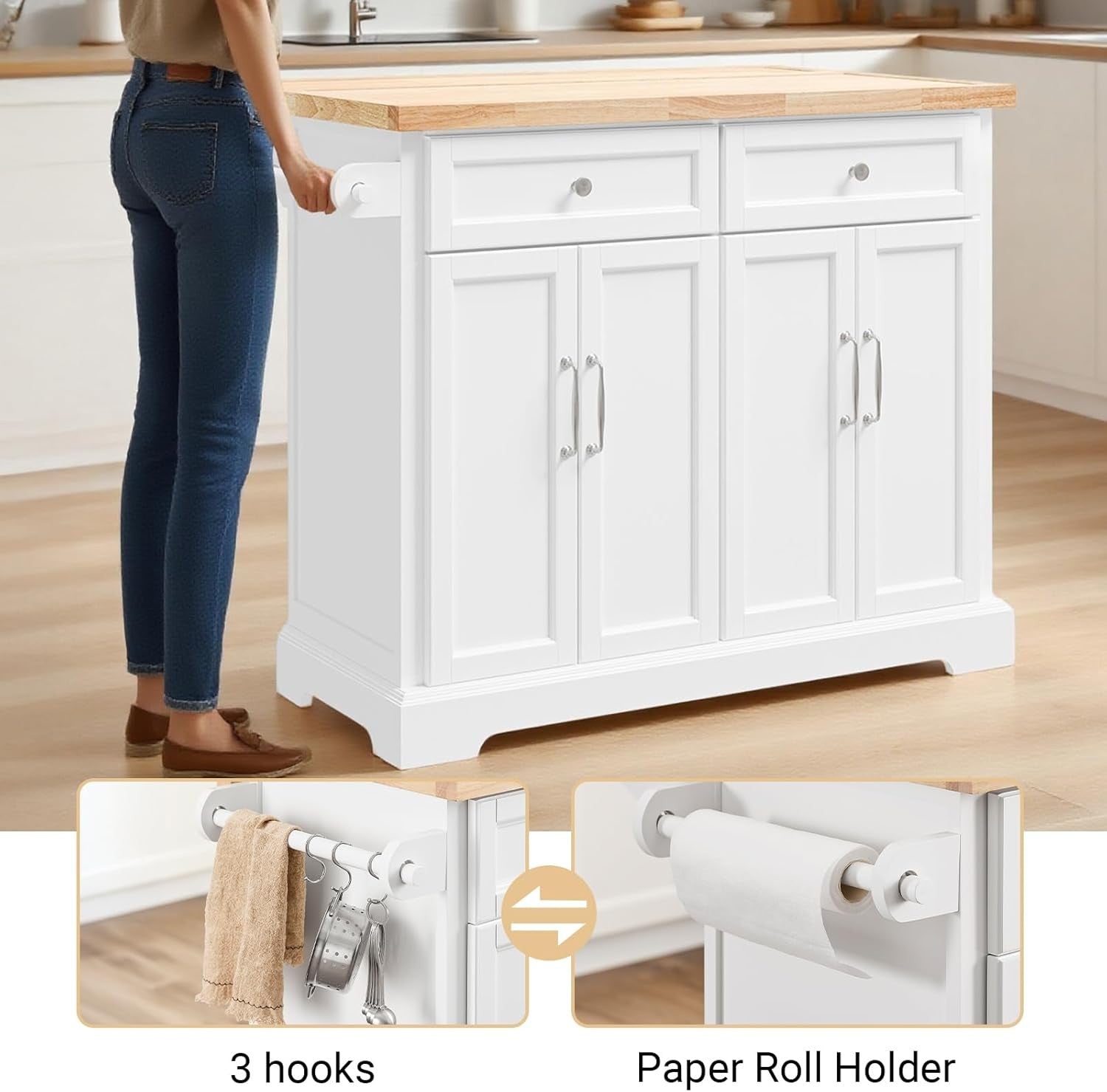 Kitchen Island Cart on Wheels Extendable Worktop Storage Cabinet Drawers