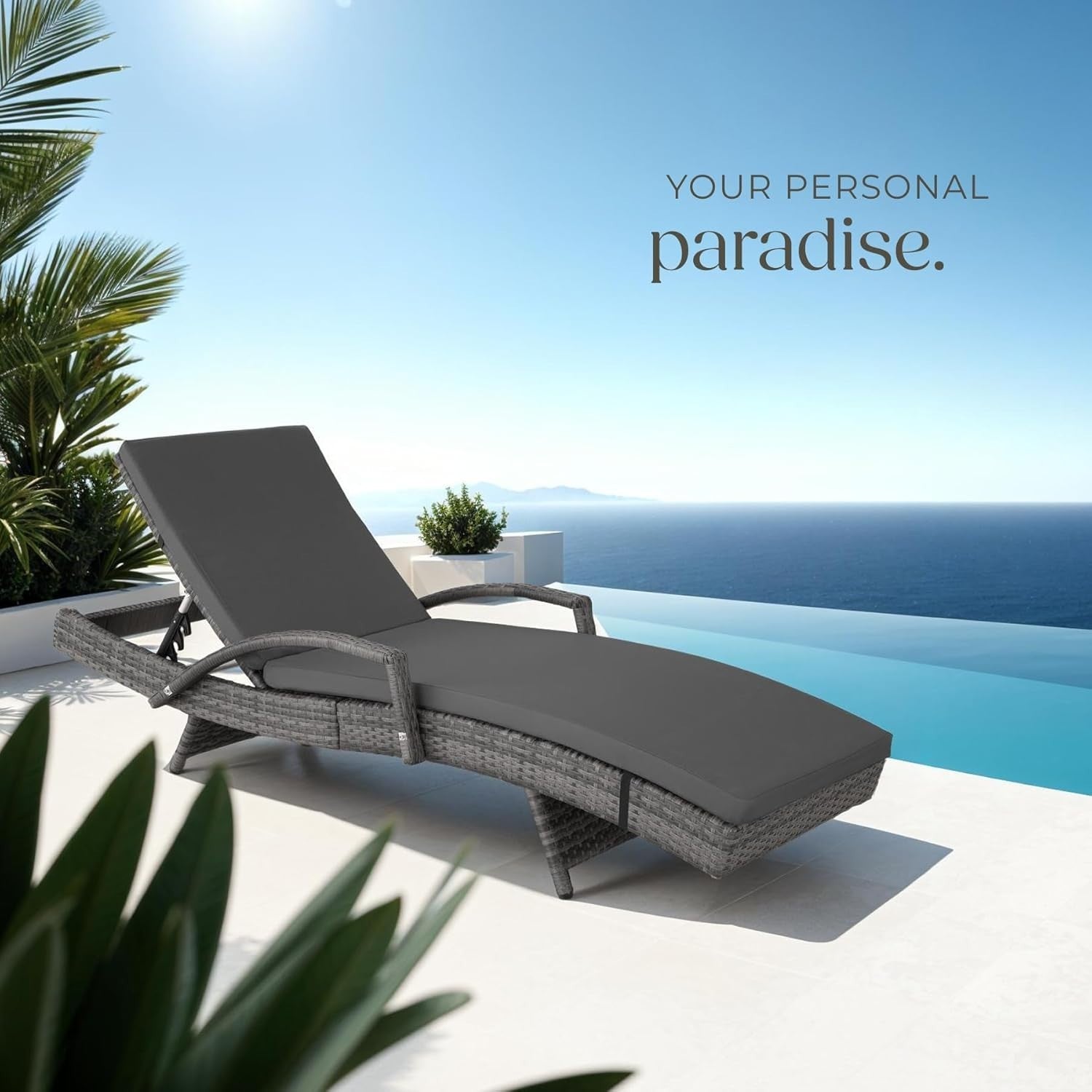 Adjustable 5-Position Rattan Sun Lounger with Cushion, Weatherproof & Lightweigh