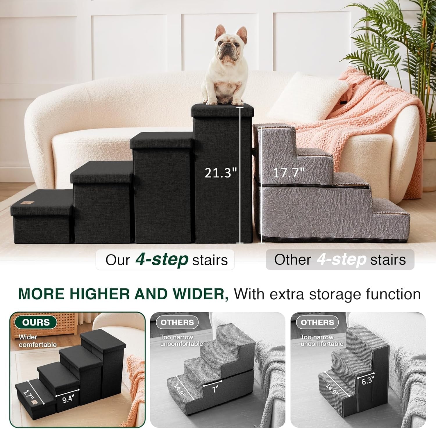 Dog Stairs 4 Step with Storage Foldable Pet Steps Black 200lb