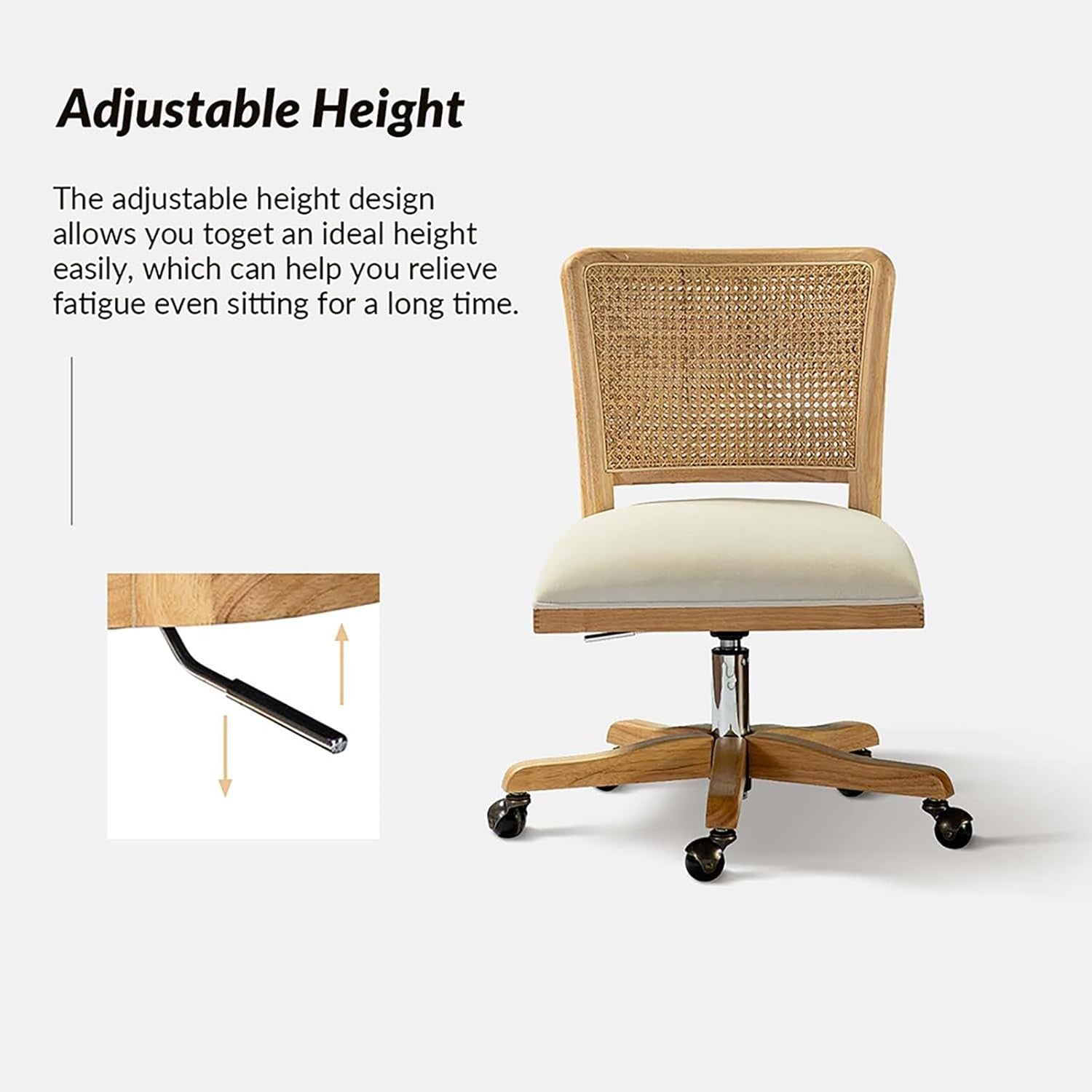 Beige Swivel Office Chair Adjustable Height Upholstered Rattan Desk Seat